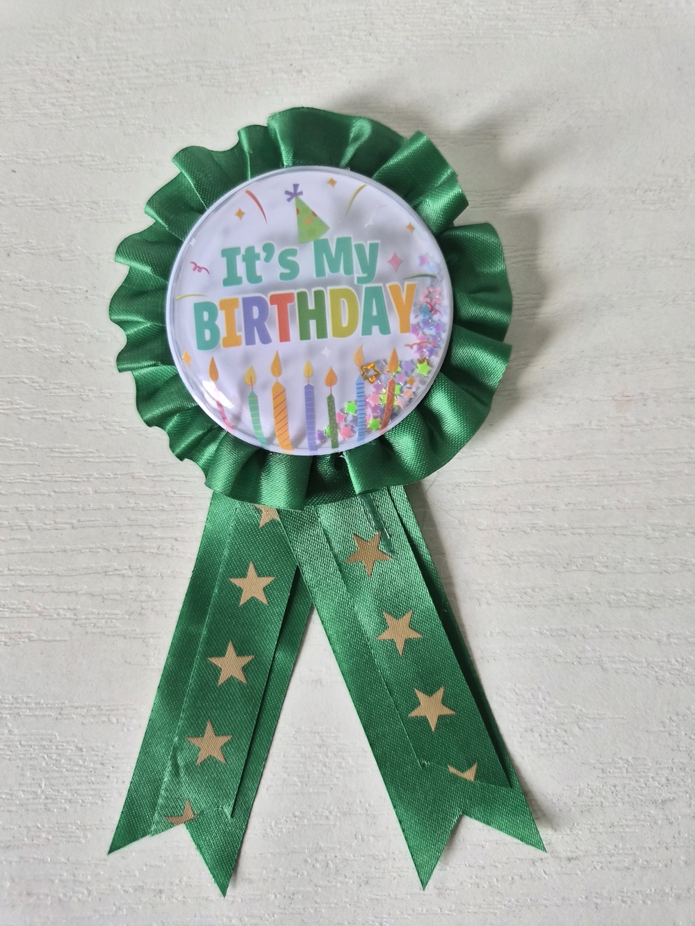 Source Unknown It's My Birthday Green Ribbon Badge with Gold Stars